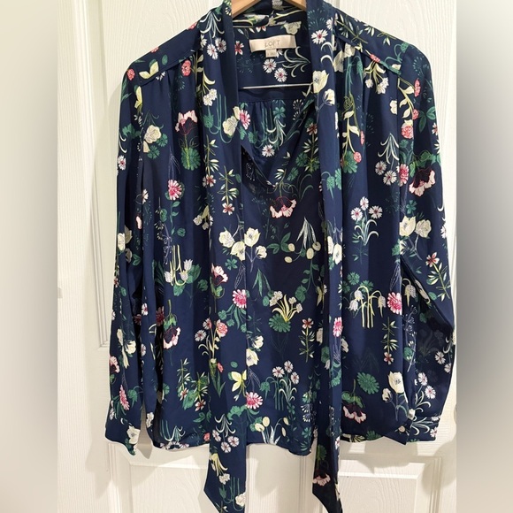 LOFT Floral Puss-Bow Indigo Floral Blouse - Picture 4 of 6